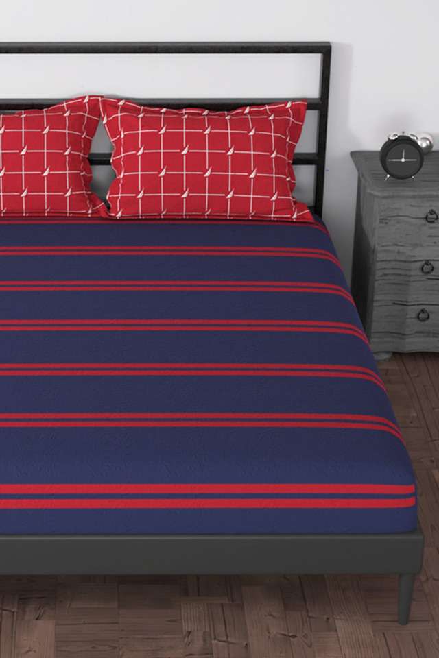 100--Premium-Cotton-King-Bedsheet-With-2-Pillow-Covers---Set-of-3-Set-(Pacific-Coast)-Stripe-Blue/Red