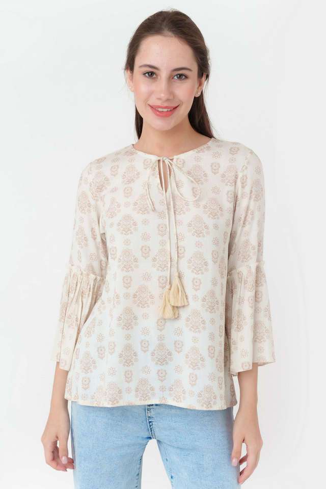 zink london Printed Viscose Blend Tie Up Neck Women's Top-picture-31