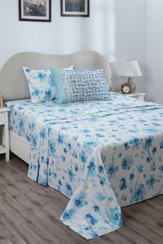 Painterly-Floral-Double-Aqua-Bed-Sheet-with-Pillow-Case