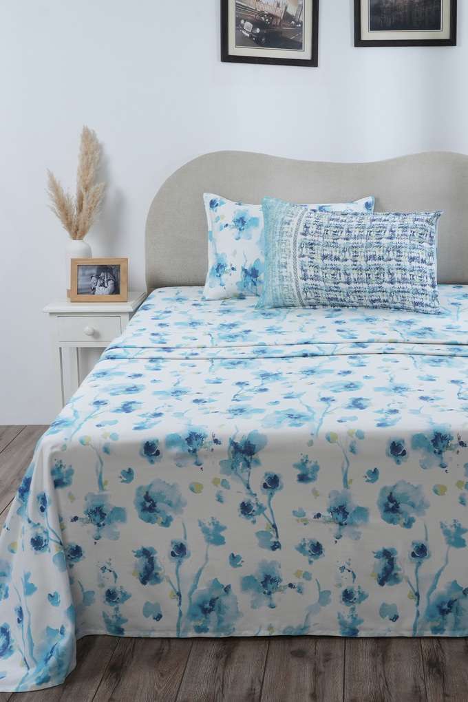 Painterly-Floral-Double-Aqua-Bed-Sheet-with-Pillow-Case