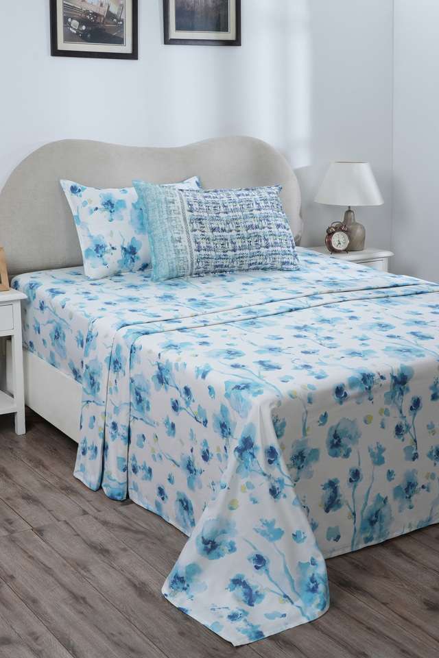 Painterly-Floral-King-Aqua-Bed-Sheet-with-Pillow-Case