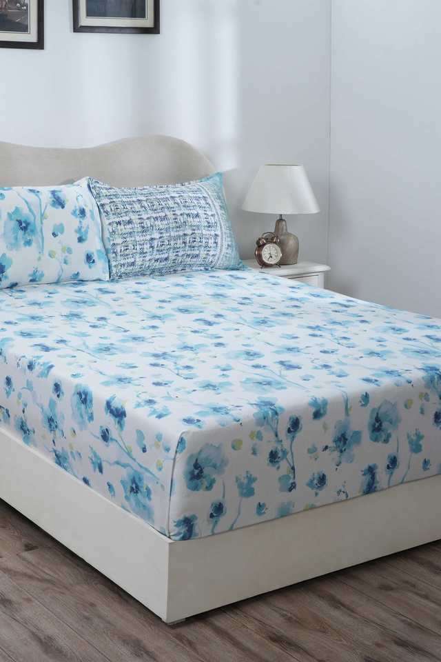 Eclectic-Garden-Painterly-Floral-Aqua-Double-Fitted-Sheet-with-Pillow-Case