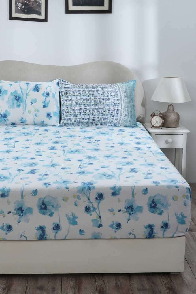 Eclectic-Garden-Painterly-Floral-Aqua-Double-Fitted-Sheet-with-Pillow-Case
