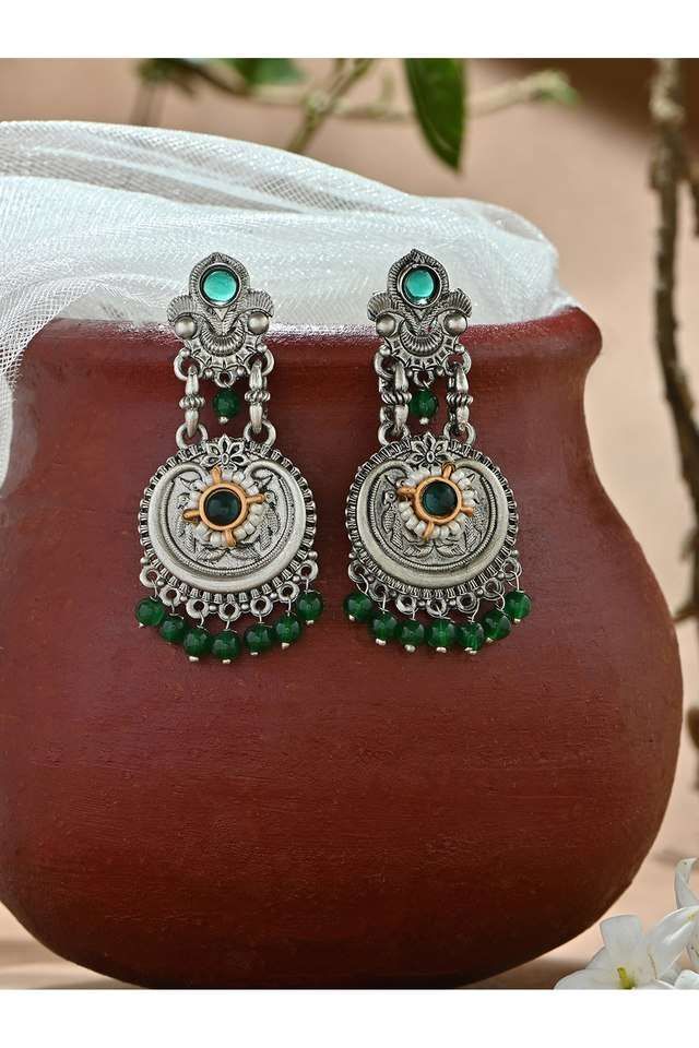 Silver-Plated-Bridal-Green-Stones-&-Droplets-Round-Floral-Drop-Earrings