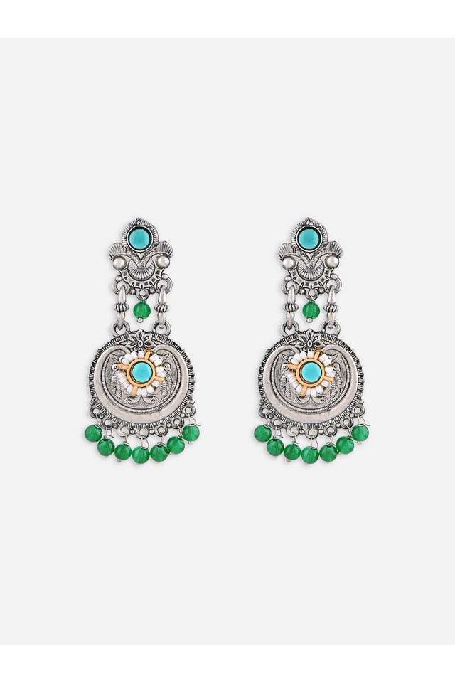 Silver-Plated-Bridal-Green-Stones-&-Droplets-Round-Floral-Drop-Earrings