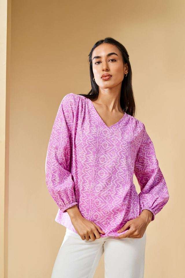 Bandhani-Print-Rayon-V-Neck-Women--Casual-Wear-Top
