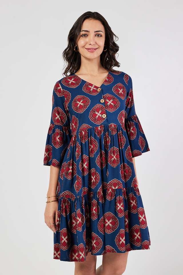 Printed-Square-Neck-Rayon-Women-s-Knee-Length-Ethnic-Dress