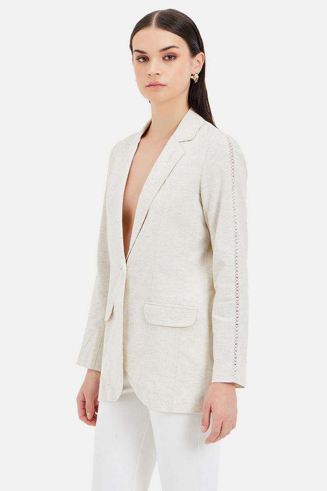 Buy Kazo Beige Solid Collared Linen Women's Formal Wear Blazer