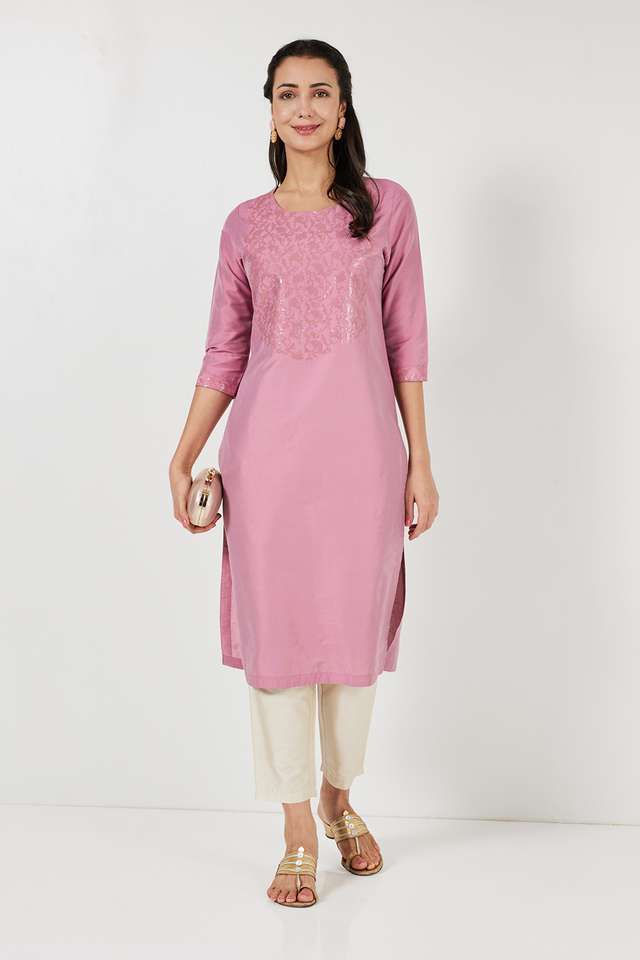 Solid-Polyester-Round-Neck-Women-s-Festive-Wear-Straight-Kurta