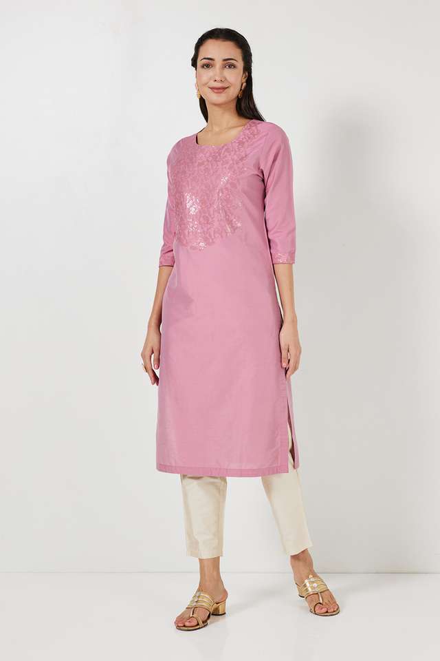 Solid-Polyester-Round-Neck-Women-s-Festive-Wear-Straight-Kurta