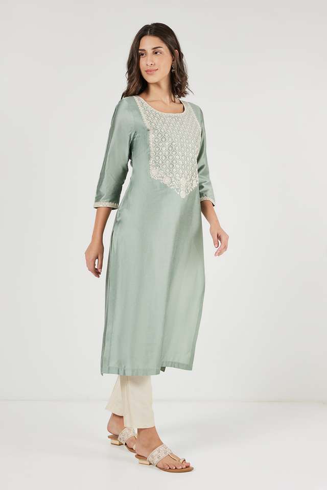 Solid-Polyester-Round-Neck-Women-s-Festive-Wear-Straight-Kurta