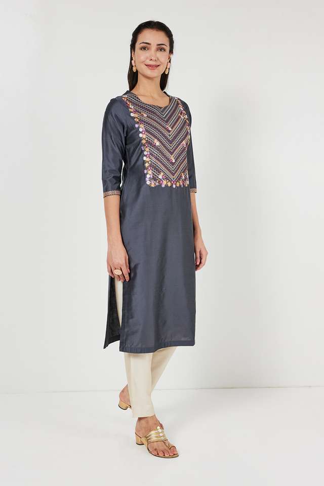 Solid-Polyester-Round-Neck-Women-s-Festive-Wear-Straight-Kurta
