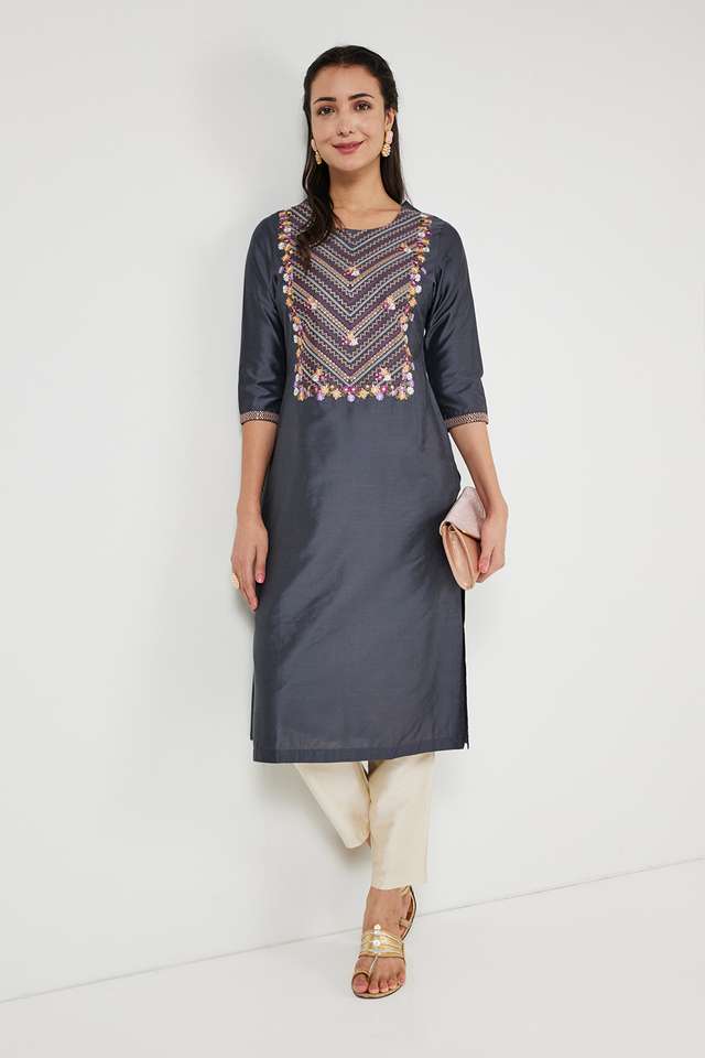 Solid-Polyester-Round-Neck-Women-s-Festive-Wear-Straight-Kurta