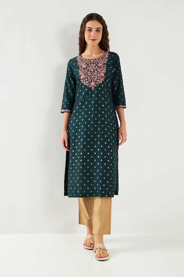 Embroidered-Blended-Fabric-Round-Neck-Women-s-Casual-Wear-Kurta