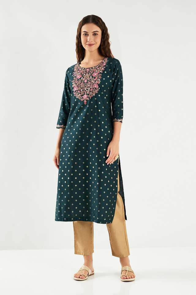 Embroidered-Blended-Fabric-Round-Neck-Women-s-Casual-Wear-Kurta