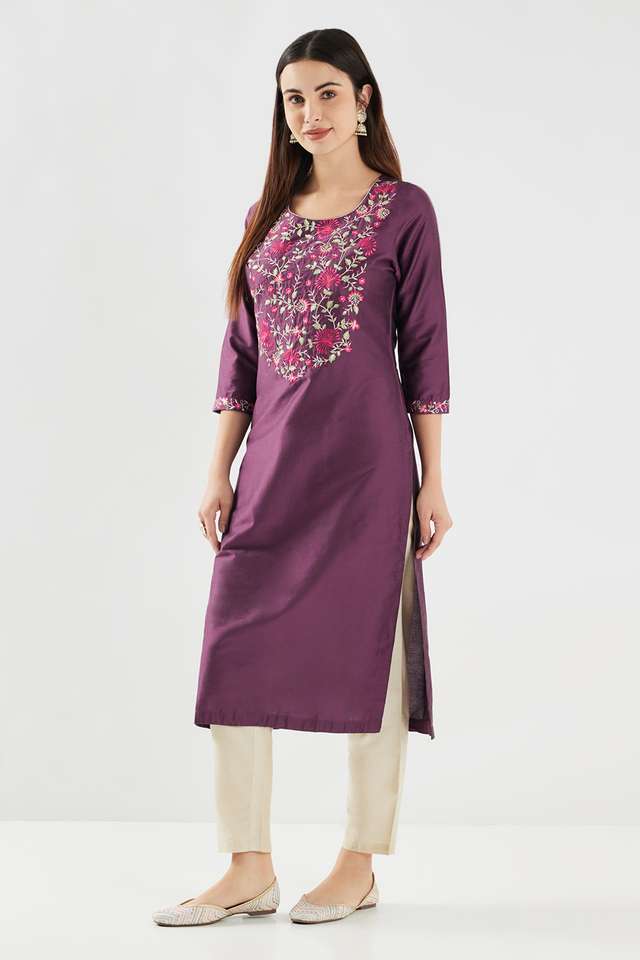 Embroidered-Blended-Fabric-Round-Neck-Women-s-Casual-Wear-Kurta