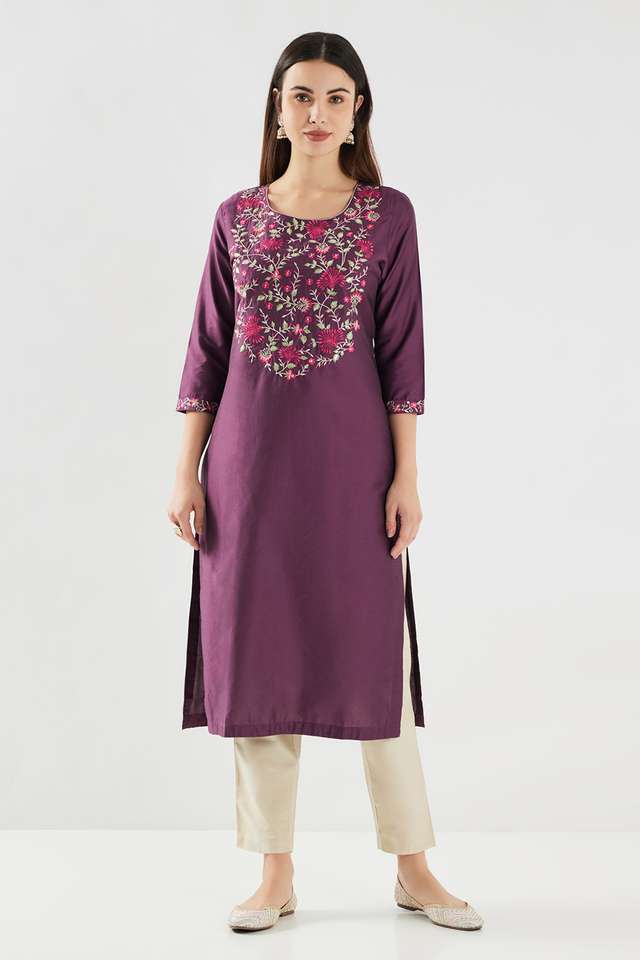 Embroidered-Blended-Fabric-Round-Neck-Women-s-Casual-Wear-Kurta