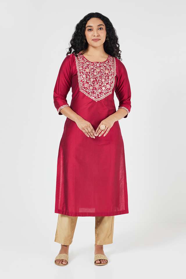 Embroidered-Blended-Fabric-Round-Neck-Women-s-Casual-Wear-Kurta