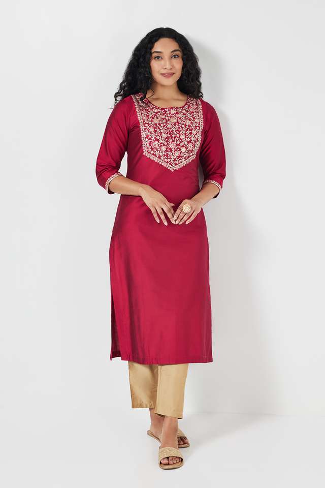Embroidered-Blended-Fabric-Round-Neck-Women-s-Casual-Wear-Kurta