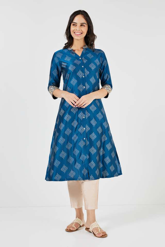 Printed-Polyester-Collared-Women-s-Festive-Wear-A-Line-Kurta