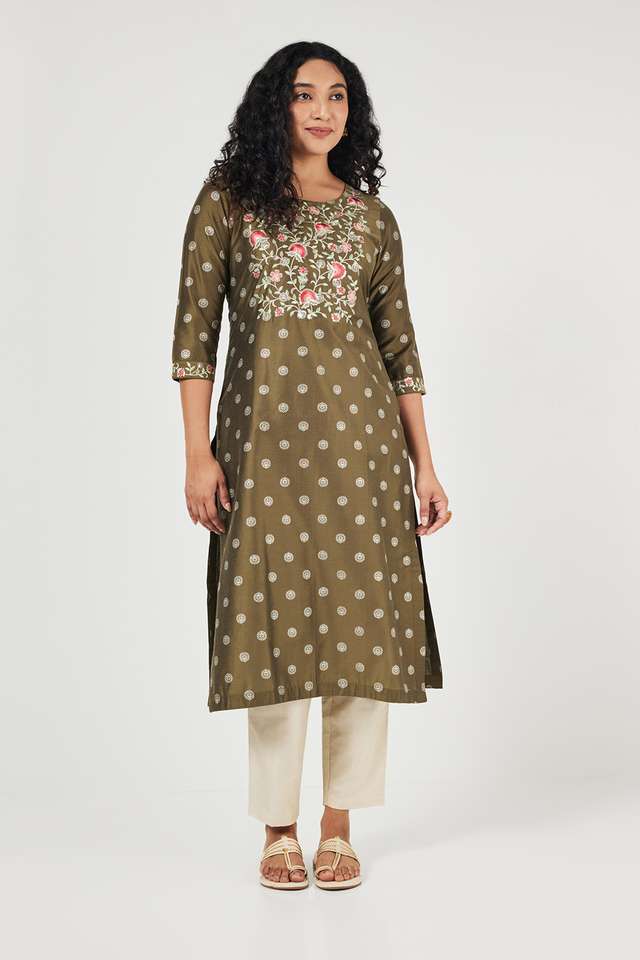 Embroidered-Blended-Fabric-Round-Neck-Women-s-Casual-Wear-Kurta