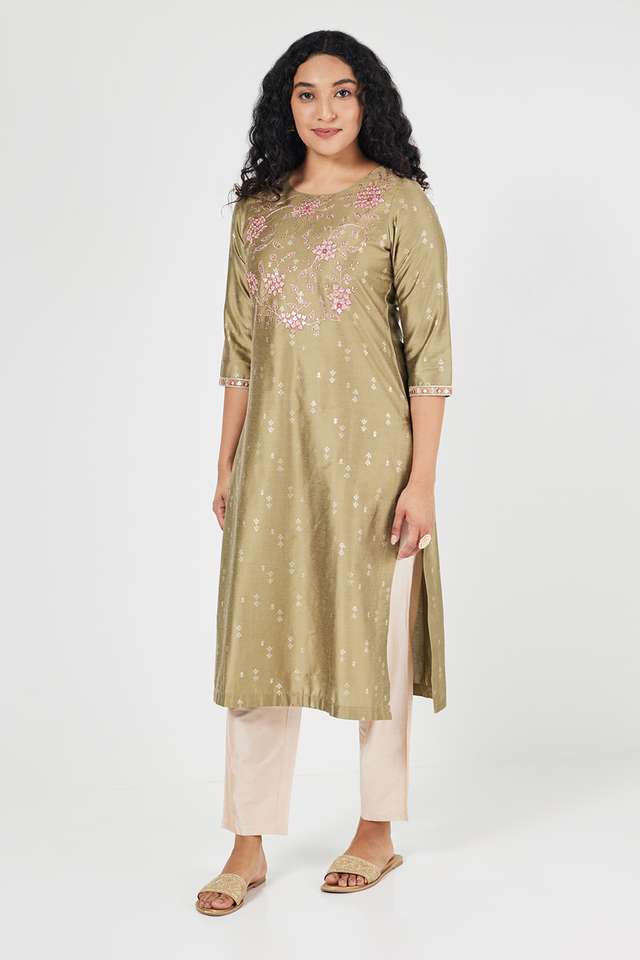 Embroidered-Blended-Fabric-Round-Neck-Women-s-Casual-Wear-Kurta