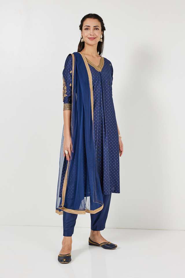 Solid-Calf-Length-Blended-Fabric-Woven-Women-s-A-Line-Kurta-Pant-Dupatta-Set
