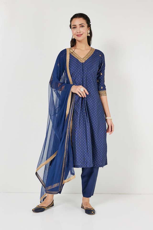 Solid-Calf-Length-Blended-Fabric-Woven-Women-s-A-Line-Kurta-Pant-Dupatta-Set