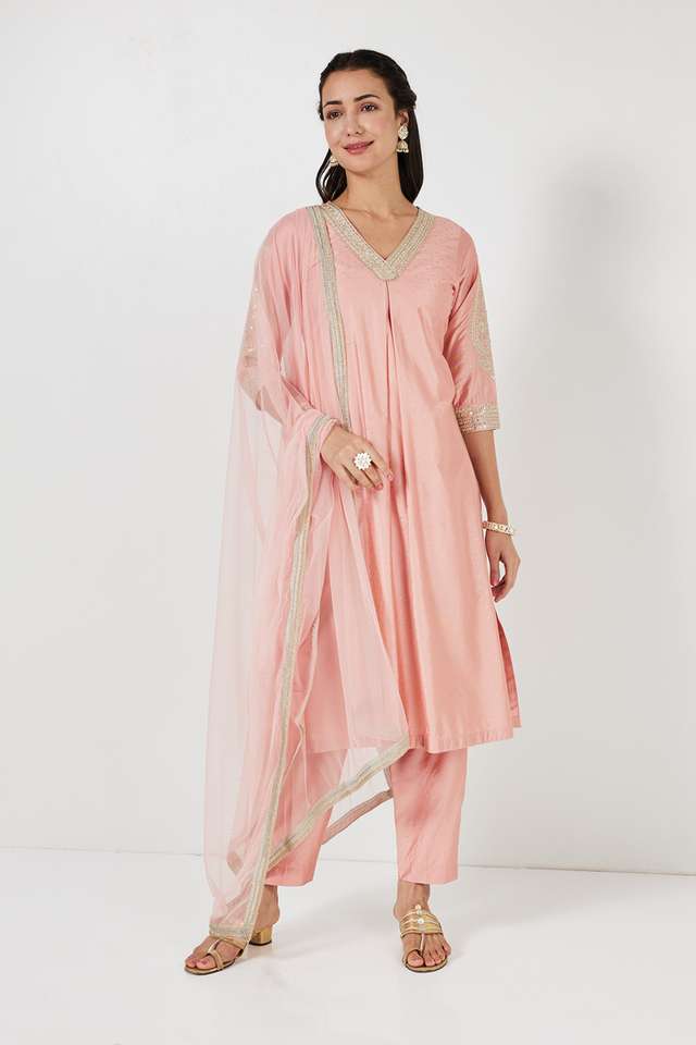 Solid-Calf-Length-Blended-Fabric-Woven-Women-s-A-Line-Kurta-Pant-Dupatta-Set
