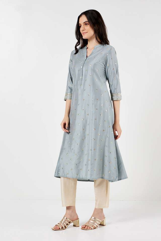 Solid-Polyester-Collared-Women-s-Festive-Wear-A-Line-Kurta