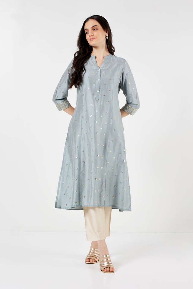 Solid-Polyester-Collared-Women-s-Festive-Wear-A-Line-Kurta