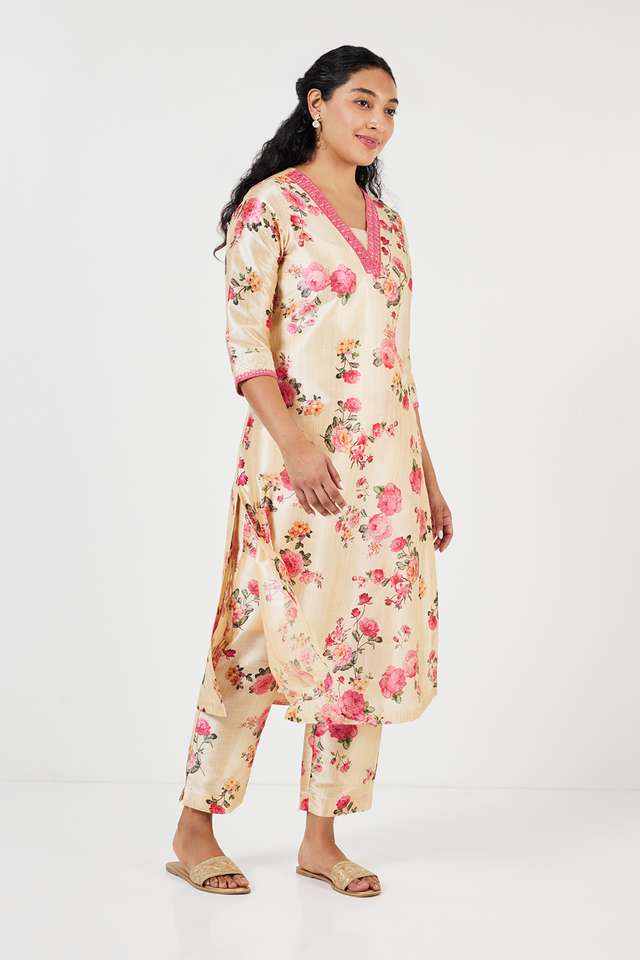 Embroidered-Calf-Length-Art-Silk-Woven-Women-s-Kurta-Set