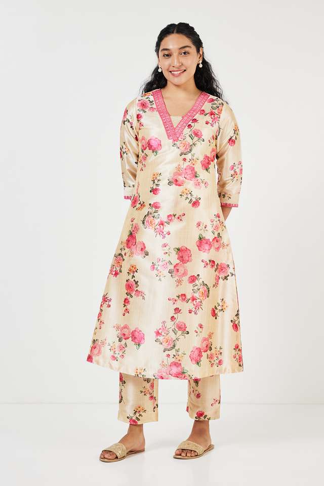 Embroidered-Calf-Length-Art-Silk-Woven-Women-s-Kurta-Set