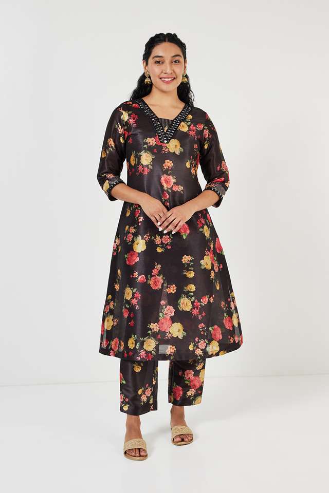 Embroidered-Calf-Length-Art-Silk-Woven-Women-s-Kurta-Set