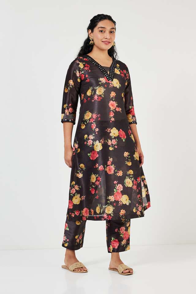 Embroidered-Calf-Length-Art-Silk-Woven-Women-s-Kurta-Set