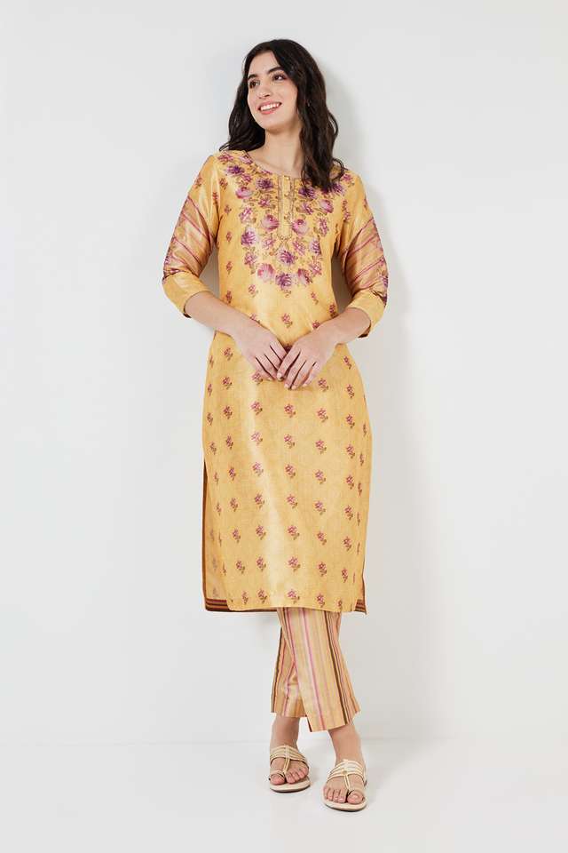 Embroidered-Calf-Length-Art-Silk-Woven-Women-s-Kurta-Set