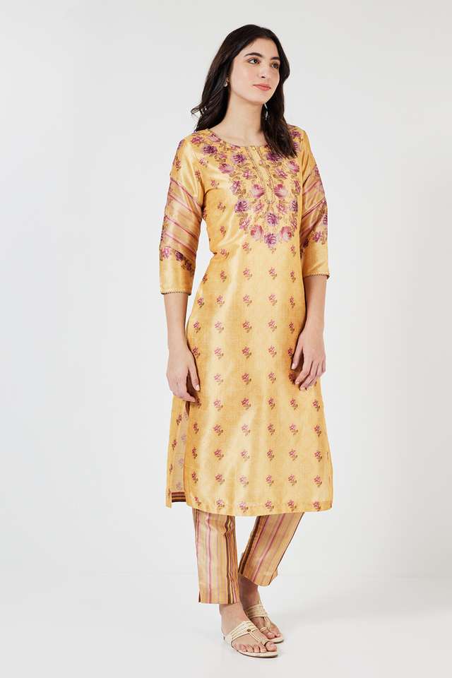Embroidered-Calf-Length-Art-Silk-Woven-Women-s-Kurta-Set