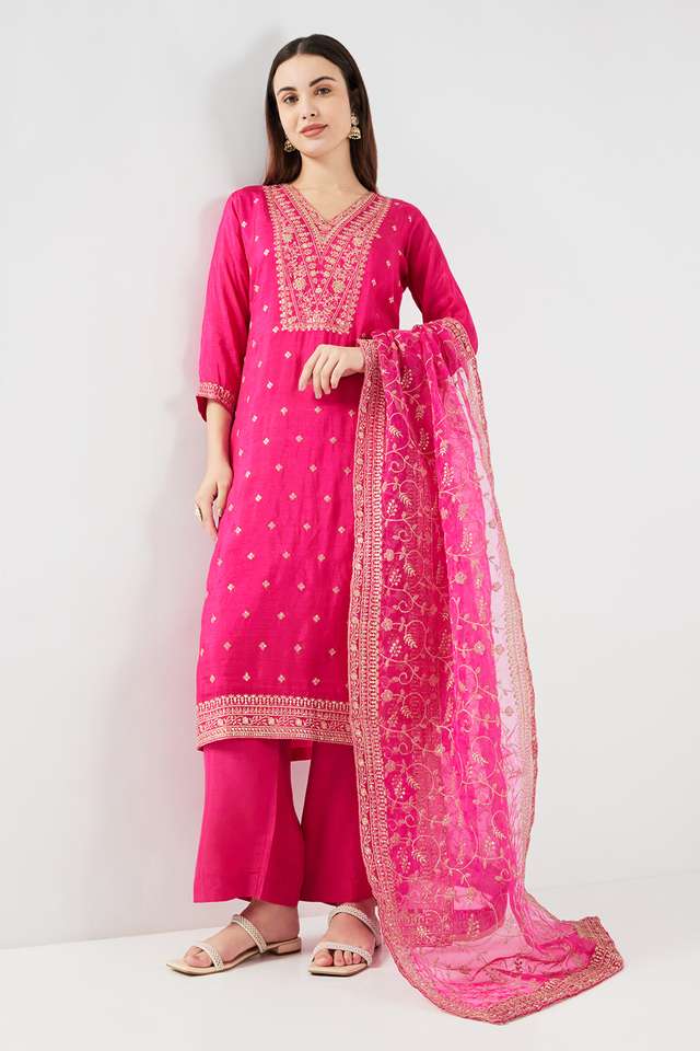 Embroidered-Calf-Length-Art-Silk-Woven-Women-s-Kurta-Set