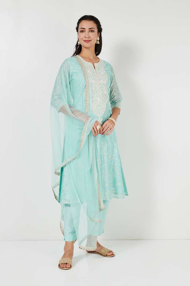 Solid-Calf-Length-Chanderi-Woven-Women-s-A-Line-Kurta-Pant-Dupatta-Set