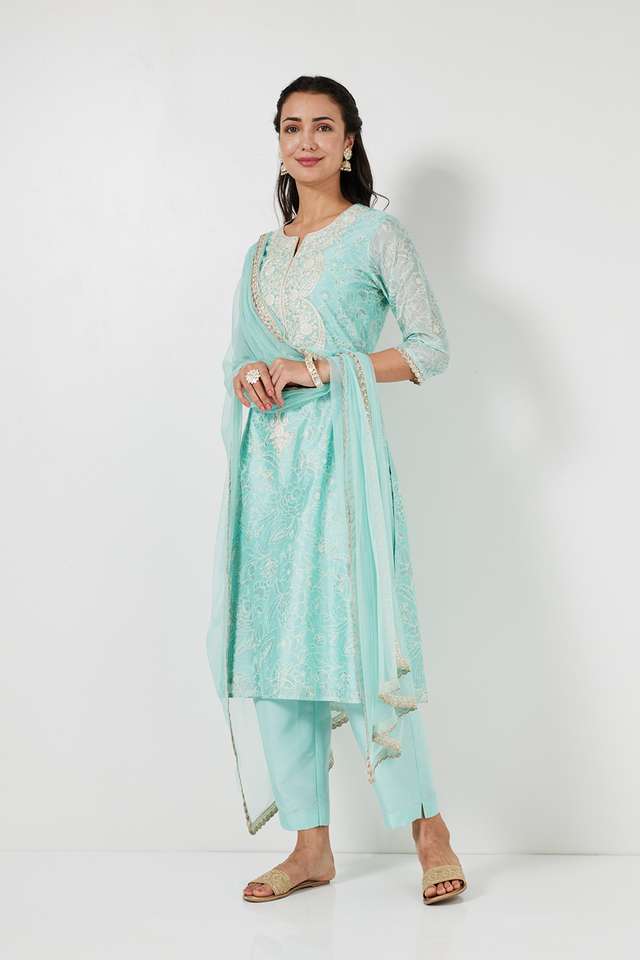 Solid-Calf-Length-Chanderi-Woven-Women-s-A-Line-Kurta-Pant-Dupatta-Set