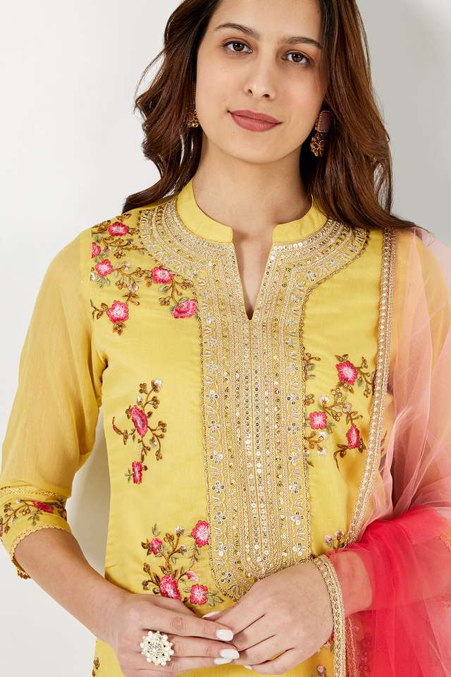 Solid-Calf-Length-Chanderi-Woven-Women-s-Straight-Kurta-Pant-Dupatta-Set