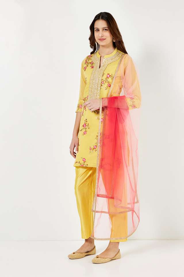 Solid-Calf-Length-Chanderi-Woven-Women-s-Straight-Kurta-Pant-Dupatta-Set