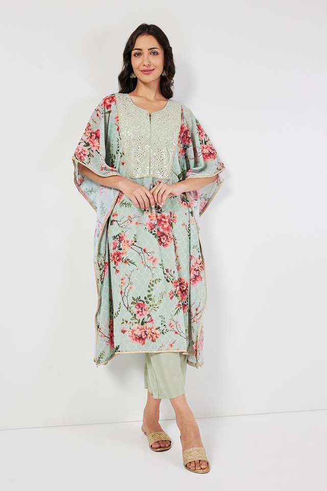 Embroidered-Art-Silk-V-Neck-Women-s-Casual-Wear-Kaftan