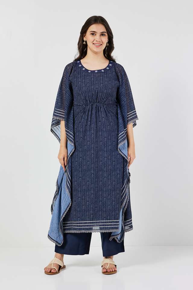 Embroidered-Art-Silk-V-Neck-Women-s-Casual-Wear-Kaftan