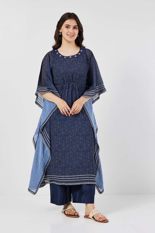 Embroidered-Art-Silk-V-Neck-Women-s-Casual-Wear-Kaftan