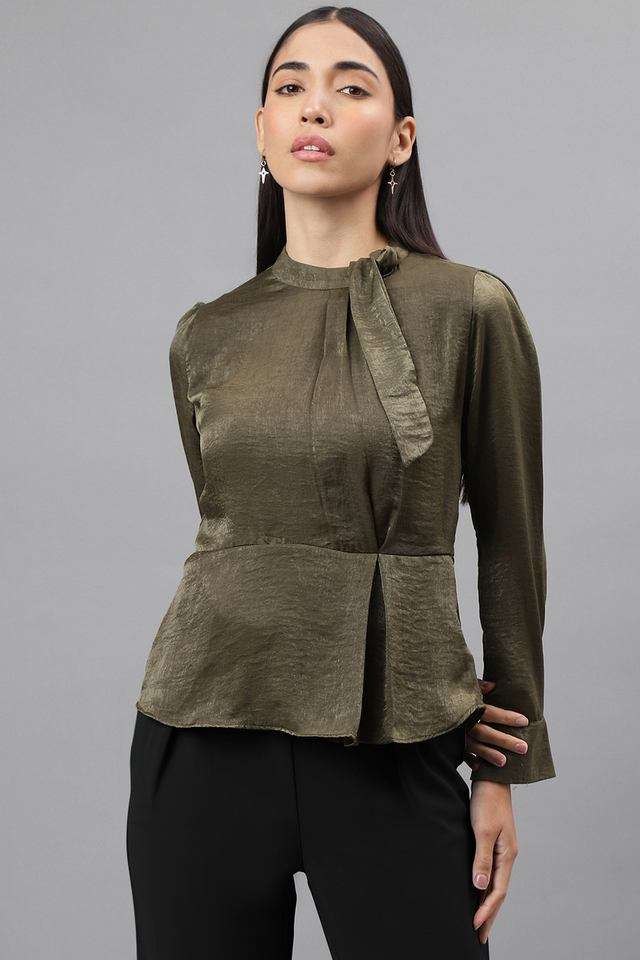 Solid-Polyester-Collared-Women-s-Top