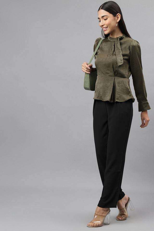 Solid-Polyester-Collared-Women-s-Top