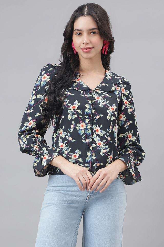 Floral-Polyester-Collared-Women-s-Top