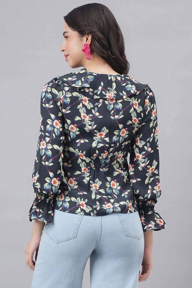 Floral-Polyester-Collared-Women-s-Top
