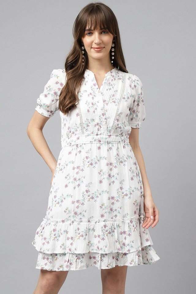 Buy Latin Quarters Lilac Printed V-Neck Viscose Women's Mid Thigh Dress